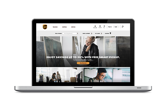 Evolved UPS.com homepage on a laptop