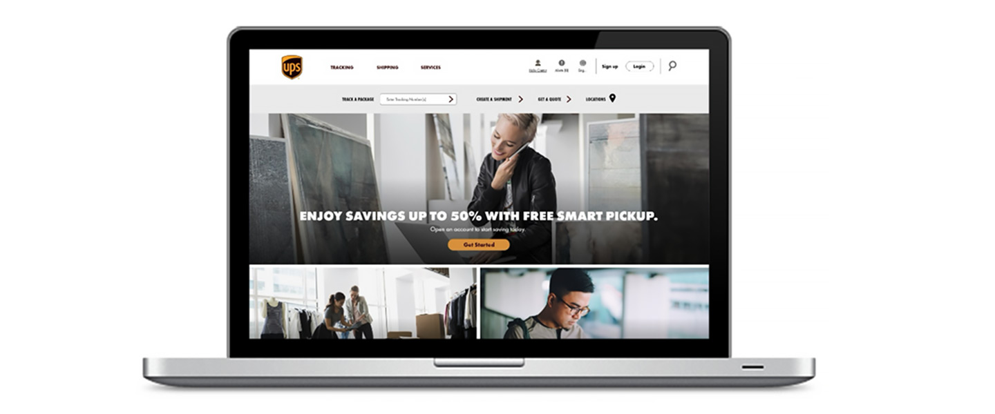 UPS.com homepage shown on a laptop